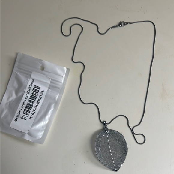 Metallic Large Leaf Pendant Necklace-  24” Gunmetal - Picture 1 of 2